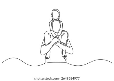 Continuous one line drawing of Father giving son ride on back. Single line drawing illustration of Father with daughter. Happy loving family concept vector art. Doodle line illustration.