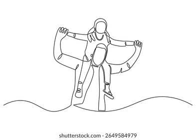 Continuous one line drawing of Father giving son ride on back. Single line drawing illustration of Father with daughter. Happy loving family concept vector art. Doodle line illustration.