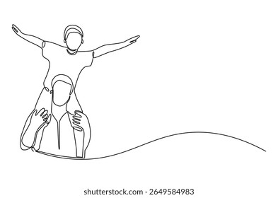 Continuous one line drawing of Father giving son ride on back. Single line drawing illustration of Father with daughter. Happy loving family concept vector art. Doodle line illustration.