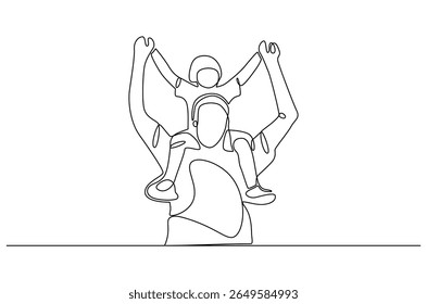 Continuous one line drawing of Father giving son ride on back. Single line drawing illustration of Father with daughter. Happy loving family concept vector art. Doodle line illustration.