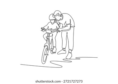 Kontinuierliche einzeilige Zeichnung Vater in der Nähe seines Kindes auf dem Fahrrad. Intime Momente der Anleitung, Sicherheit, Patientenführung durch liebevolle Eltern. Vektorgrafik mit einfarbiger Zeichnung