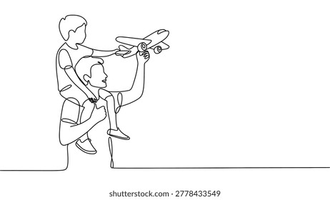 Continuous One Line Drawing of Father Carrying Child Holding Airplane Toy Minimal Family Illustration on White Background Artwork