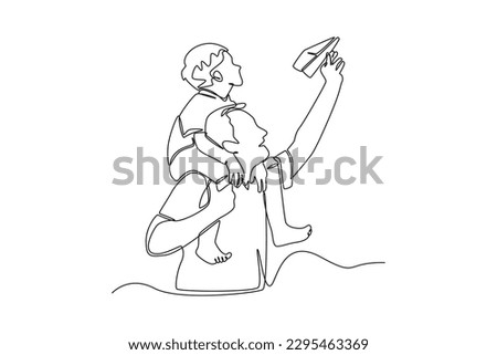 Continuous one line drawing of father playing paper airplane with his son. Happy father's day concept. Single line draw design vector graphic illustration.