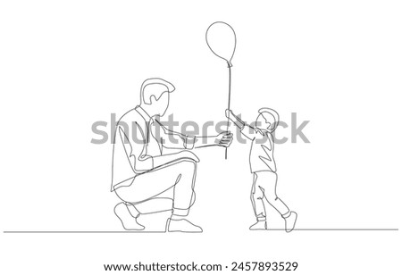 Continuous one line drawing of father giving balloon to his son, parenting concept, single line art.
