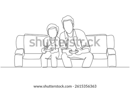 Continuous one line drawing of father playing video games with son, bonding through gaming concept, single line art
