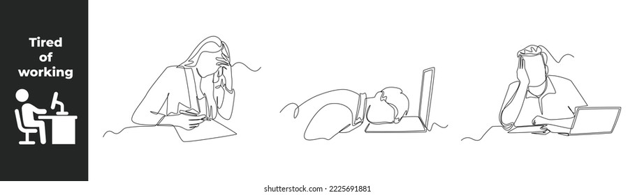 Continuous one line drawing fatigue set concept at work. Workers are tired from work because they are overloaded with business tasks. Single line draw design vector graphic illustration. 