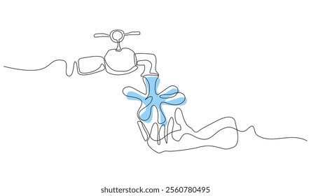 Continuous one line drawing of a faucet pouring water onto a hand, emphasizing handwashing isolated on white background, symbolizing hygiene, cleanliness, Water Conservation,Vector Editable stroke