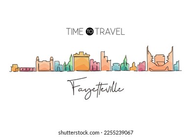 Continuous one line drawing Fayetteville city skyline, Arkansas. World historical town landscape. Best holiday destination postcard print. Editable stroke trendy Single line draw design vector graphic