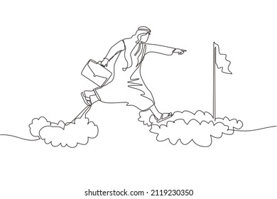 Continuous one line drawing fearless brave Arabic businessman make risk by jump over clouds to reach his success target or flag. Challenge of his career. Single line design vector graphic illustration