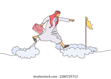 Continuous one line drawing fearless brave Arabic businessman make risk by jump over clouds to reach his success target or flag. Challenge of his career. Single line design vector graphic illustration
