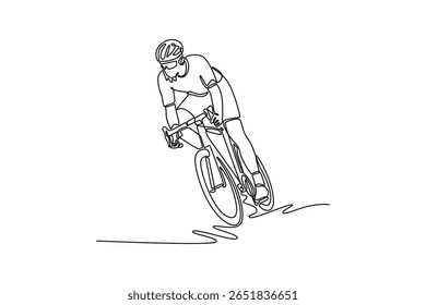 Uma linha contínua desenhando destemido esportista atlético em roupas de proteção dirigindo bicicleta em estrada íngreme. Esporte ativo, saúde, exercícios, recreação. Ilustração gráfica vetorial de design de desenho de linha única