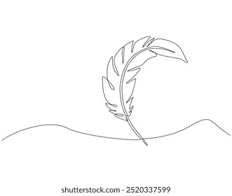 Continuous one line drawing of feather. One line drawing illustration of bird feather, wing, plume. World animal day concept line art. Editable outline