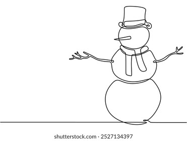 Continuous one line drawing featuring a snowman. Capturing the essence of winter celebrations and holiday cheer. Hand-drawn illustration for festive themes.