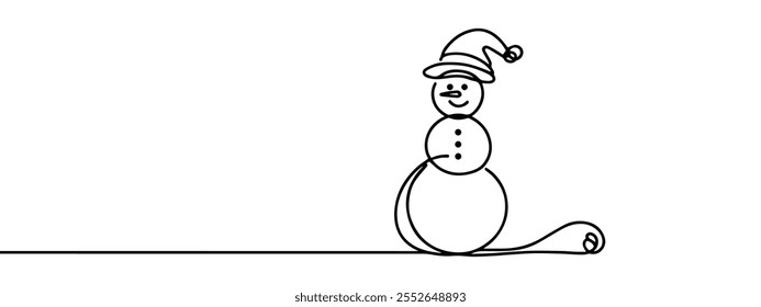 Continuous one line drawing featuring a snowman. Capturing the essence of winter celebrations and holiday cheer. Hand-drawn illustration for festive themes.