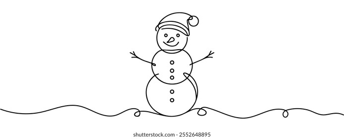 Continuous one line drawing featuring a snowman. Capturing the essence of winter celebrations and holiday cheer. Hand-drawn illustration for festive themes.