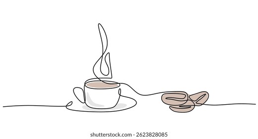 Continuous one line drawing featuring a cup of coffee alongside scattered coffee beans. Vector illustration hand drawn.