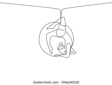 Continuous one line drawing a female acrobat performing on an aerial hoop by forming a circle around her body. It takes courage and takes risks. Single line draw design vector graphic illustration.