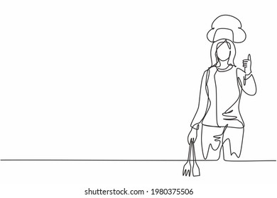 Continuous one line drawing female chef with thumbs-up gesture, cooking uniform and hat, ready to cook meals for guests at famous restaurants. Single line draw design vector graphic illustration