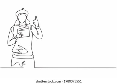 Continuous one line drawing female film director with a thumbs-up gesture while holding the clapperboard set the crew for studio shooting. Single line draw design vector graphic illustration