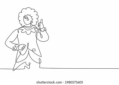 Continuous one line drawing female clown with thumbs-up gesture, wearing a wig and smiling face make-up, entertaining kids at a festive birthday. Single line draw design vector graphic illustration