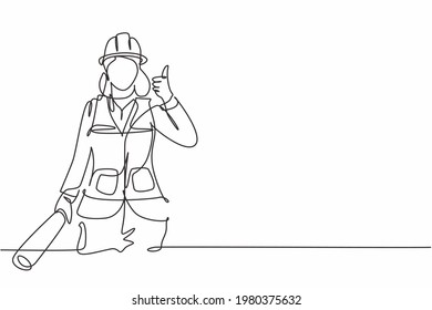 Continuous one line drawing female architect with a gesture of raising his thumb and wearing a helmet carried a building construction drawing paper. Single line draw design vector graphic illustration