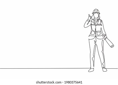 Continuous one line drawing the female architect stands with a thumbs-up gesture and wears a helmet with a blueprint for the building's work plan. Single line draw design vector graphic illustration.