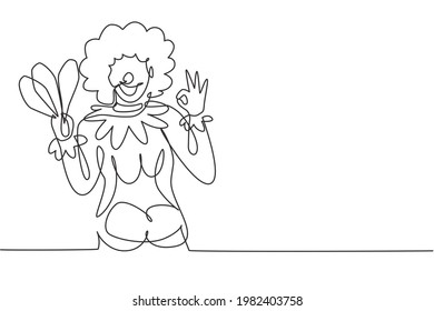 Continuous one line drawing female clown with gesture okay, wearing wig and smiling face makeup, entertaining kids at birthday party. Good perform. Single line draw design vector graphic illustration