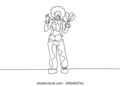 Continuous one line drawing female clown stands with gesture okay wearing wig and clown costume ready to entertain the audience in the circus arena. Single line draw design vector graphic illustration