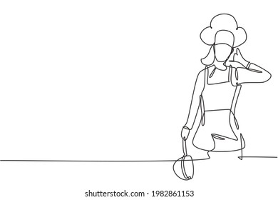 Continuous one line drawing female chef with call me gesture, holding pan and wearing cooking uniforms ready to cook meals for restaurants guests. Single line draw design vector graphic illustration