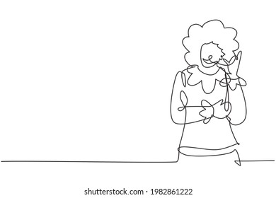 Continuous one line drawing female clown with call me gesture, wearing wig and smiling face makeup, entertaining kids at birthday party. Good show. Single line draw design vector graphic illustration