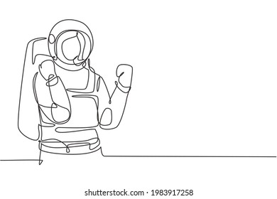Continuous one line drawing female astronaut with celebrate gesture wearing spacesuits to explore outer space in search mysteries of universe. Single line draw design vector graphic illustration