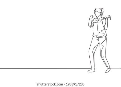 Continuous one line drawing female carpenter standing with celebrate gesture works for wood industry and must be skilled at using carpentry tools. Single line draw design vector graphic illustration