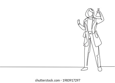 Continuous one line drawing female scientist stands with celebrate gesture and holding measuring tube filled with chemical liquid. Success business. Single line draw design vector graphic illustration