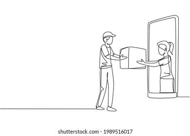 Continuous one line drawing female customer receives boxed package, through smartphone screen from male courier. Online delivery service concept. Single line draw design vector graphic illustration