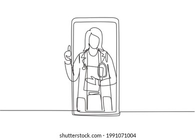 Continuous one line drawing female doctor comes out of smartphone screen while making thumbs up gesture. Online consultation doctor concept. Single line draw design vector graphic illustration