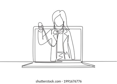 Kontinuierliche 1-zeilige Zeichnung weiblichen Doktor kommt aus Laptop-Bildschirm halten Stethoskop. Online-medizinische Dienste, medizinisches Beratungskonzept. Vektorgrafik-Illustration mit Einzelzeilenzeichnung