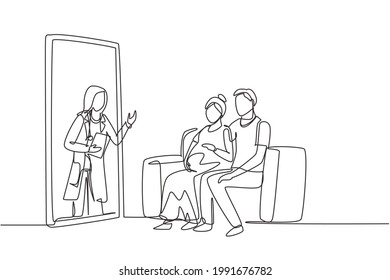 Continuous one line drawing female doctor comes out from smartphone screen facing patient and gives consultation to patient young couple with pregnant wife. Single line draw design vector graphic