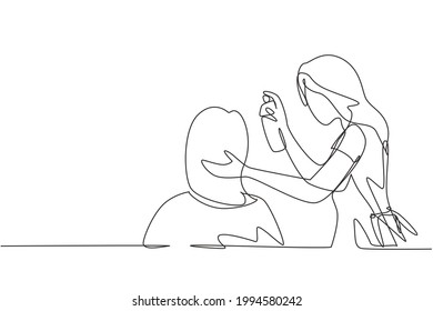 Continuous one line drawing female hairdresser styling customers hair at salon. Woman barber beautician. Hairstylist or hair style beauty concept. Single line draw design vector graphic illustration