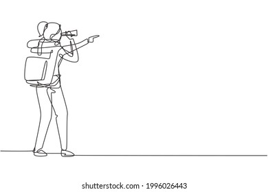 Continuous one line drawing female adventurer carrying backpack while looking through binoculars. Exploration of mountainous or hilly landscapes. Single line draw design vector graphic illustration