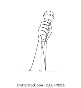 Continuous one line drawing female hand holding microphone isolated on white background, clipping path. Karaoke people sings the song to microphone. Single line draw design vector graphic illustration