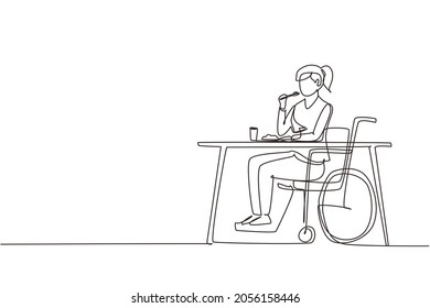 Continuous one line drawing female young wheelchair user eating food sitting at the table. Having lunch, snack in cafe. Society and disabled people. Single line draw design vector graphic illustration