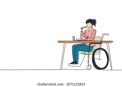 Continuous one line drawing female young wheelchair user eating food sitting at the table. Having lunch, snack in cafe. Society and disabled people. Single line draw design vector graphic illustration