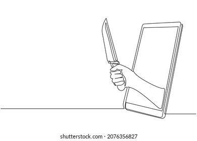 Continuous one line drawing female hand hold kitchen knife through mobile phone. Concept of mobile cooking games, entertainment application for smartphones. Single line draw design vector illustration