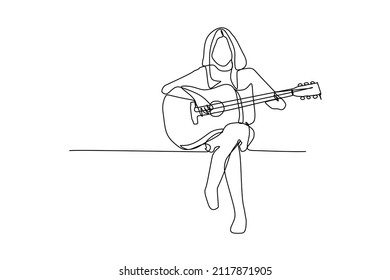 Kontinuierliche Zeichnung einer weiblichen sitzenden Gitarre, die Gitarre spielt. Dynamisches Künstlerperformancekonzept, Single-line-Grafikdesign, Vektorgrafik