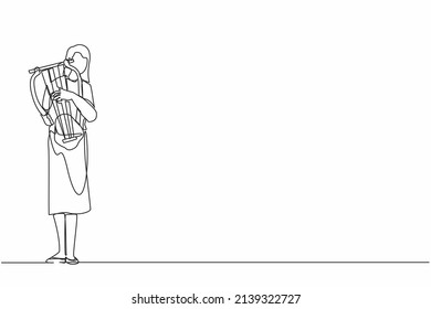 Continuous one line drawing female musician playing musical lyre. Classical music orchestra woman artist with music instrument. Professional musician performs on stage. Single line draw design vector