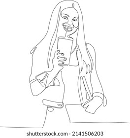 Continuous one line drawing female in jacket keeping one hand in pocket   drinking lemonade  Attractive girl looking at camera  smiling   posing  Minimal outline concept  Vector illustration