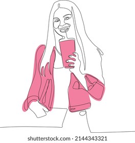 Continuous one line drawing female in jacket keeping one hand in pocket   drinking lemonade  Attractive girl looking at camera  smiling   posing  Minimal outline concept  Vector illustration