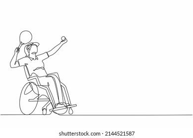 Continuous one line drawing female athlete with disability playing tennis sitting in wheelchair.  sportswoman holding racket and serve the ball. Single line graphic design vector illustration