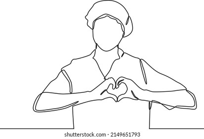 Continuous One Line Drawing Female Nurse Showing Heart Gesture And Taking Care Of Patients With Love. International Nurses Day. Single Line Draw Design Vector Graphic Illustration.