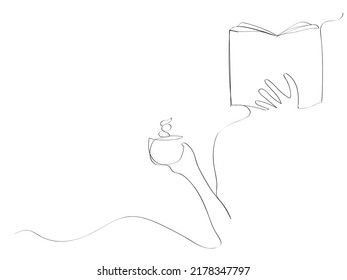 Continuous One Line Drawing. Female Hands with Book and Coffee Cup Single Line Art Illustration. Contour Drawing Minimalist Style. Vector Illustration.